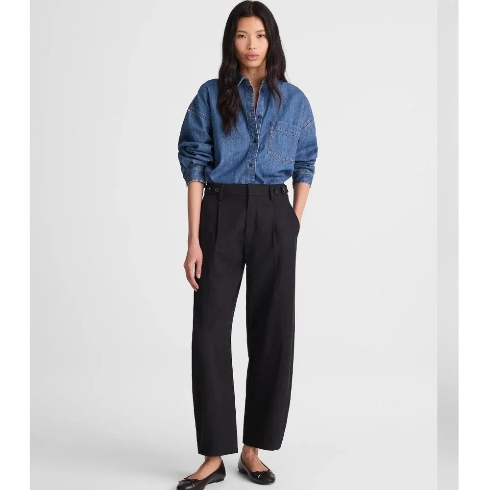 Madewell Barrel-Leg Trouser Pant Black Drapey Twill Lyocell Linen Pleated Size 8